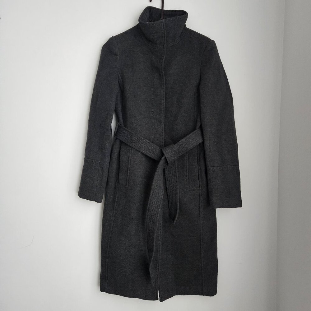 H&M Coat Women’s Gray Felt Tie Belt Snap Button Pockets Polyester Blend Size 2US